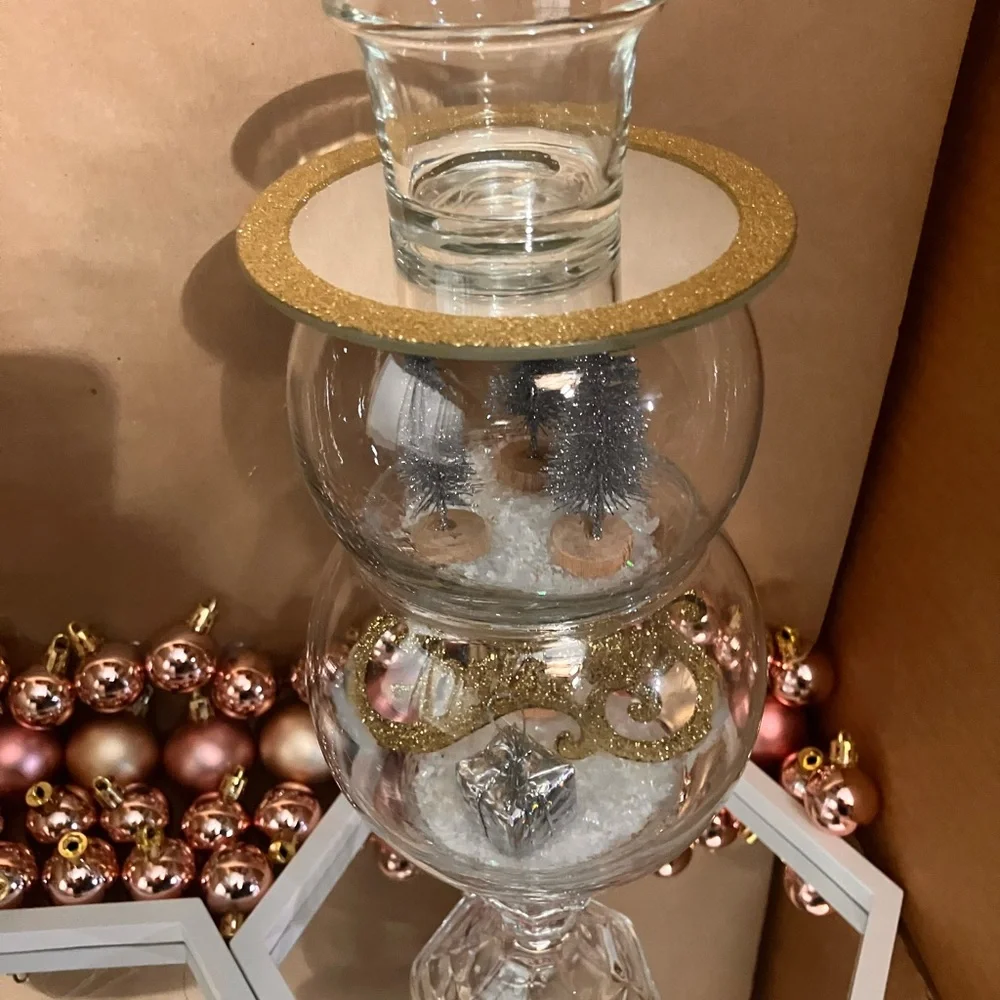 Glass Snowman Candle Holder with Gold and Silver Accents